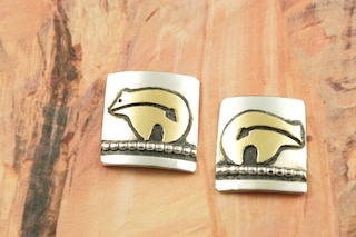 Sterling Silver Bear with Heartline Design Post Earrings with 12K Gold fill. Created by Navajo Artist Tommy Singer. Signed by the Artist.